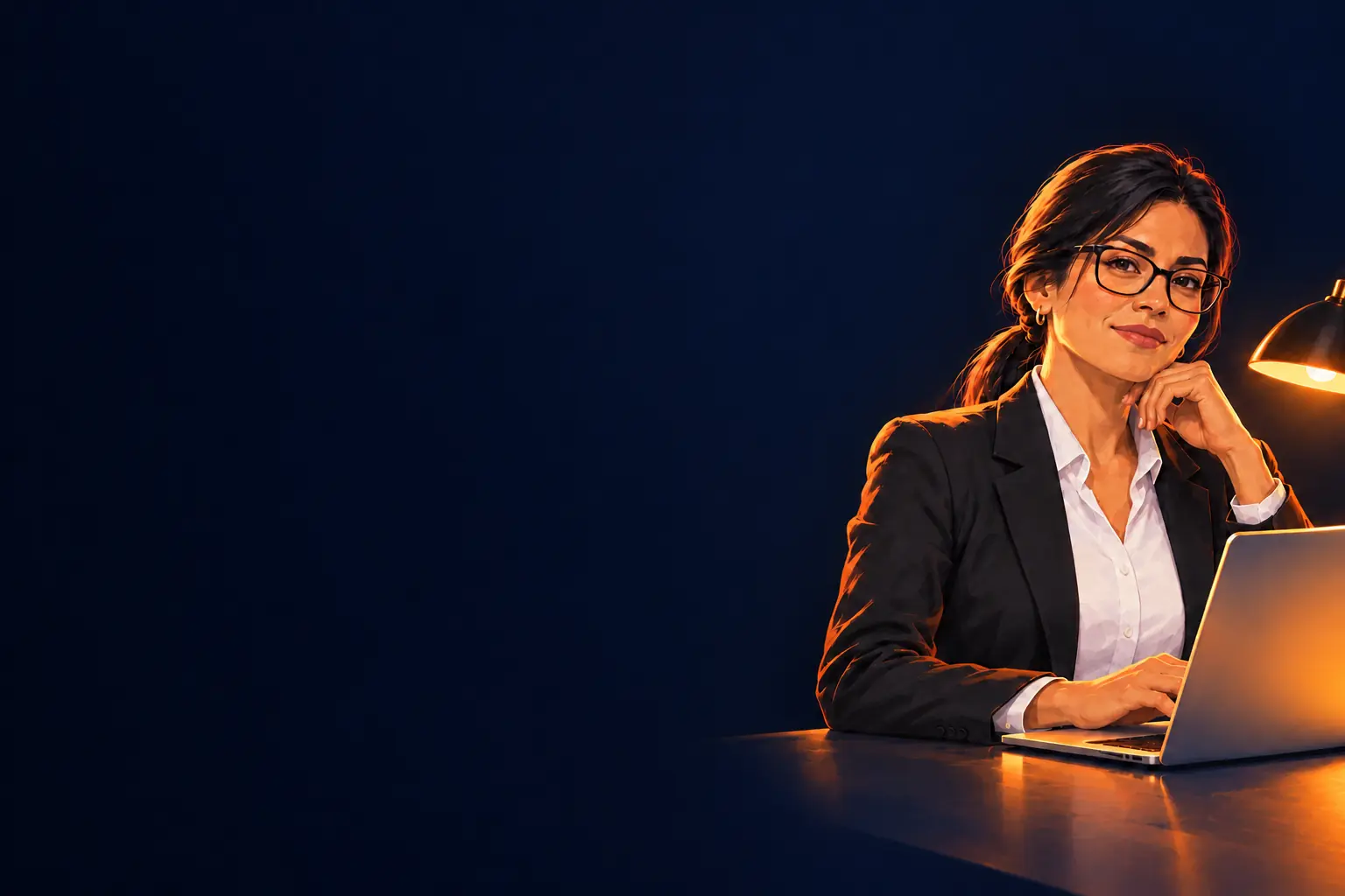 Elena, administrativa, trabaja en su portátil en una oficina con luz cálida.