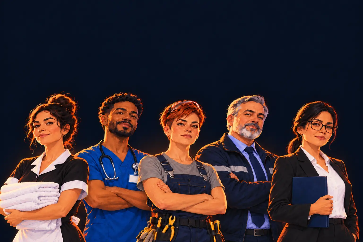 Lucía, camarera de hotel; Samuel, enfermero; Marta, electricista; Antonio, conductor; y Elena, administrativa, juntos con la luz del amanecer detrás.