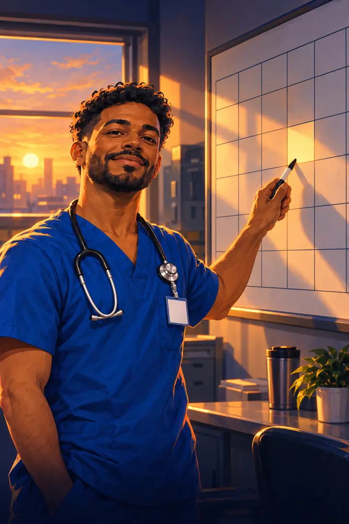 Samuel, enfermero, marca un día en el calendario de la sala del hospital al amanecer.