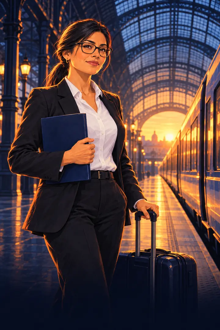 Elena, administrativa, con su maleta en el andén de una estación europea al amanecer.